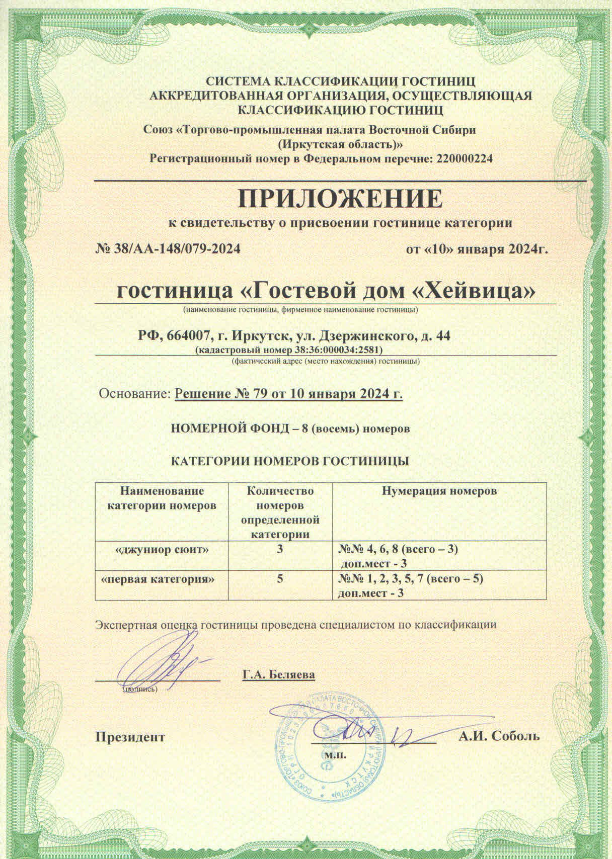 Приложение к свидетельству